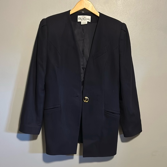 Oleg Cassini Vintage Navy collarless wool blazer single button size M/ L - Picture 8 of 16